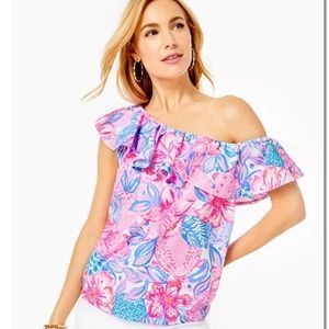 LILLY Pulitzer Zeldie Off the Shoulder Ruffle Top Pink Isle Snappy Turtle- Large
